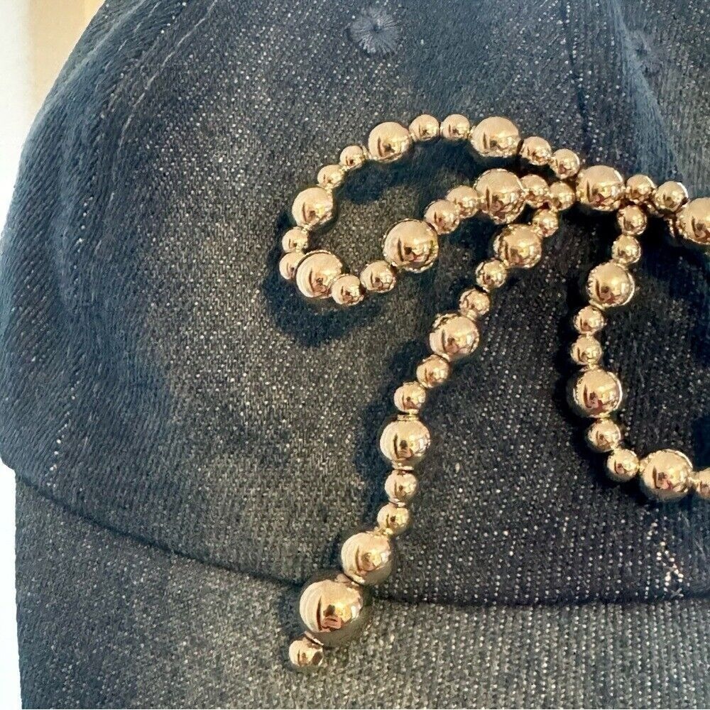 Fun denim blue adjustable hat women with silver bead bow‎ tie NWT